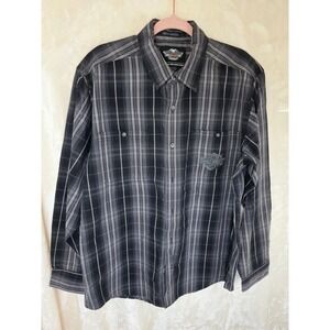 Harley-Davidson Mens Large Tall Plaid Button Up Shirt Grey Black Embroidered